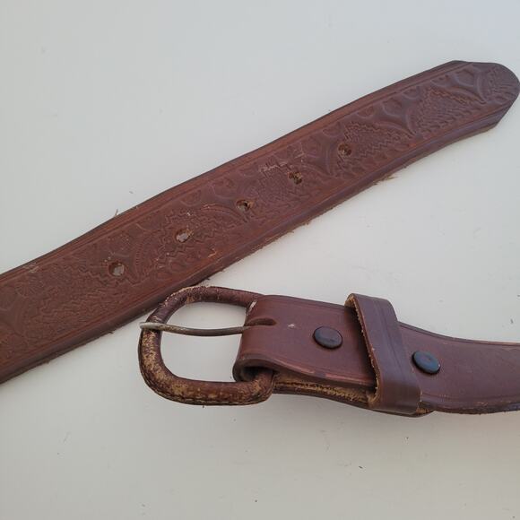 Mexican Men's Geniue Leather Casual Belt Size 40 100 Brown Aztec Braided Tooled - Picture 6 of 7